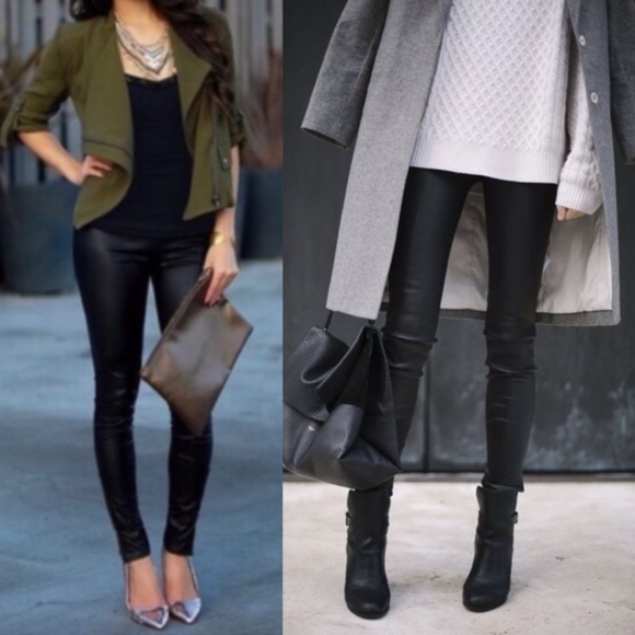 Solid Black matte Mid Waist Vegan leather Leggings - Picture 2 of 4